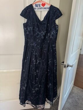 Alex Evenings Navy Embroidered V-Neck Midi Dress